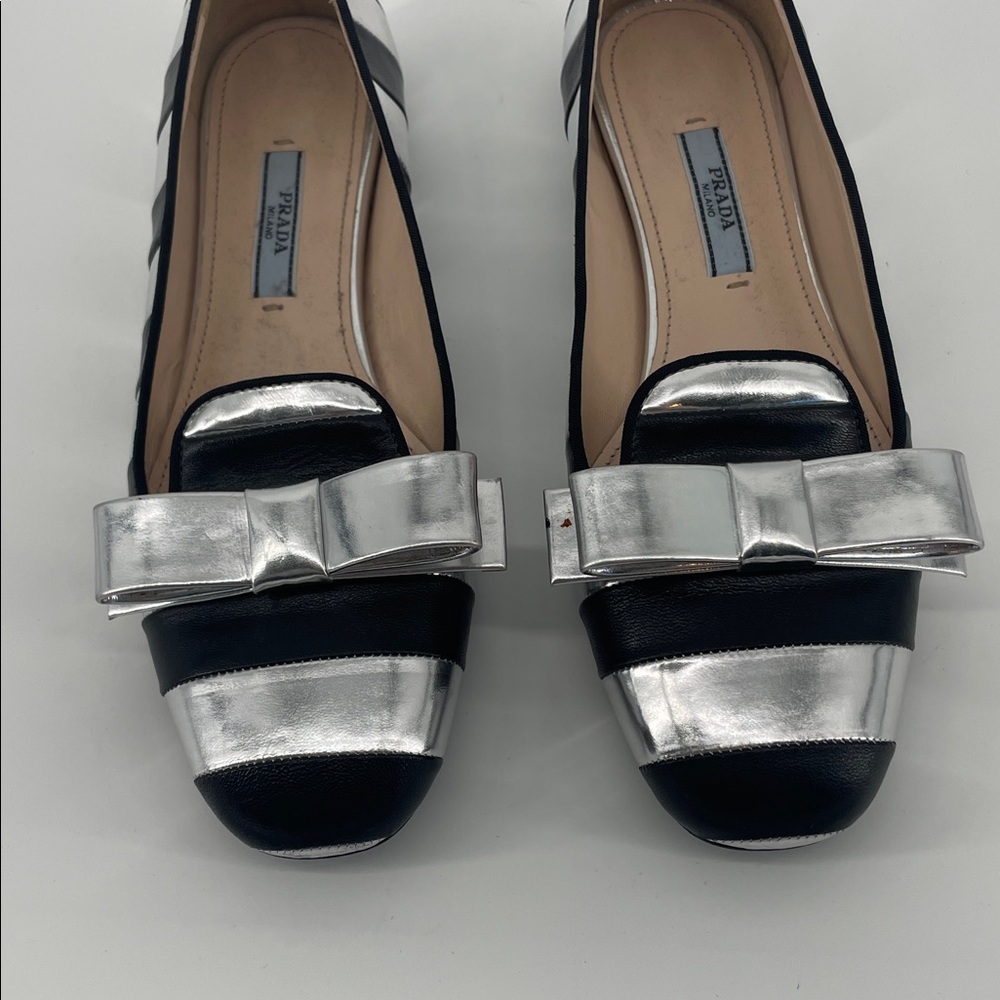 Prada Leather Striped Metallic Bow Flats 36 S75 - Picture 2 of 9